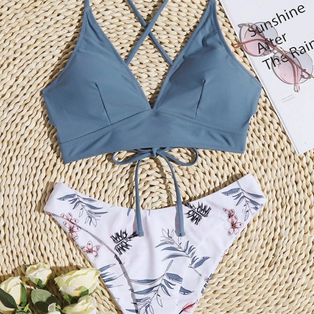 Floral & Leaf Graphic Lace Up Bikini Swimsuit